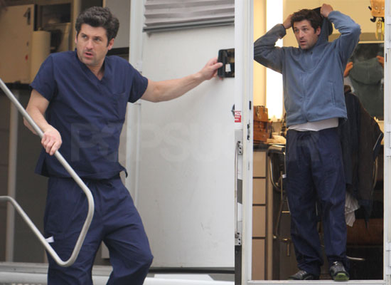 Photos of Patrick Dempsey and Ellen Pompeo on the Set of Grey's Anatomy in LA Photos of Patrick Dempsey and Ellen Pompeo on the Set of Grey's Anatomy in LA
