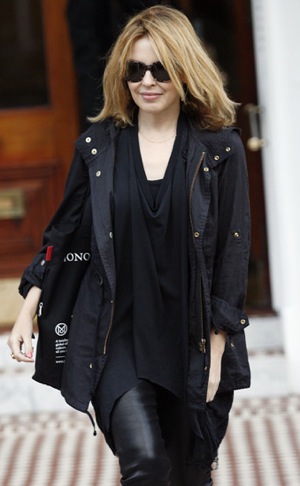 Kylie Minogue Wears a Black Anorak and Liquid Leggings Leaving Her Home in London