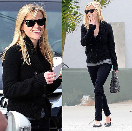 Reese Witherspoon Grabbing Coffee in LA in Black Knit Sweater and Ray Ban Sunglasses