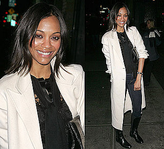Zoe Saldana in White Coat at the Cinema Society & HBO Screening of How to Make It in America in NYC