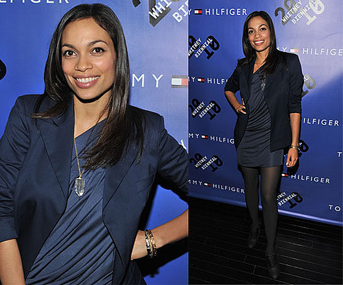 Rosario Dawson Wears Blue Draped Dress and Navy Blazer