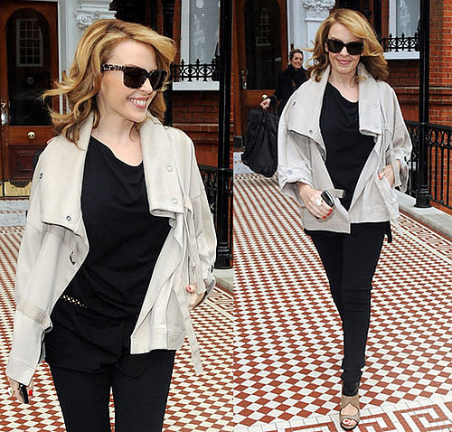 Kylie Minogue Wears a Khaki Anorak and Black Leggings Leaving Her Home in London