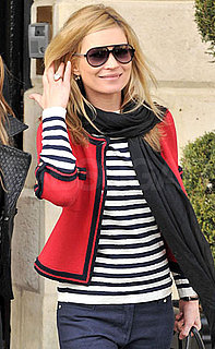 Photo of Kate Moss Wearing Piped Red Jacket and Striped Shirt in Paris