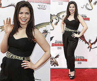 America Ferrera Wearing Black Strapless Jumpsuit and Snakeskin Belt