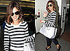 Cheryl Cole in LA in Nautical Jumper with Grey Patent Handbag and Tailored Trousers