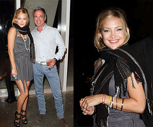 Kate Hudson Wearing Gray Dress, Fringe Scarf, and Charlotte Olympia Eve Booties