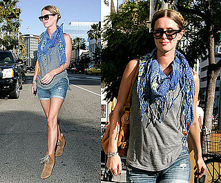 Nicky Hilton Wearing Denim Cutoffs, a Blue Floral Fringe Scarf, and Tan Suede Booties