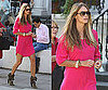 Elle Macpherson in London Wearing Hot Pink Isabel Marant Dress and Suede Tan Boots