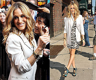 Sarah Jessica Parker in NYC Wearing Sequined Zebra Dress, White Blazer, and Nicholas Kirkwood Sandals 2010-05-26 14:30:06