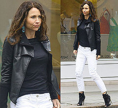 Minnie Driver Wears White Jeans and Leather Jacket in Notting Hill London Minnie Driver Wears White Jeans and Leather Jacket in Notting Hill London