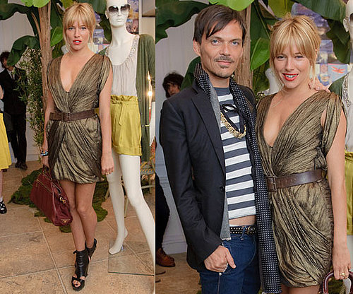 Sienna Miller Wears Gold Metallic Dress and Maroon Prada Bag at Matthew Williamson Party in London