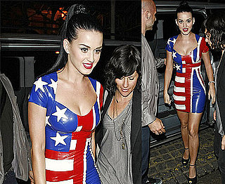 Pictures of Katy Perry in Rubber UK and USA Flag Print Dress Appearing on James Corden's Football TV Show For World Cup