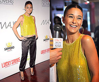 Emmanuelle Chriqui Wearing Yellow Sequined Rachel Roy Top, Silk Maggie Ward Pants, and Louis Vuitton Shoes