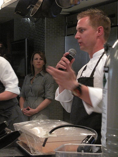 Bryan explains the smoke machine as he smokes small fillets of salmon. He says it can be used to smoke all sorts of ingredients, from the classic fish to the more experimental blueberry.
Bryan explains the smoke machine as he smokes small fillets of salmon. He says it can be used to smoke all sorts of ingredients, from the classic fish to the more experimental blueberry.