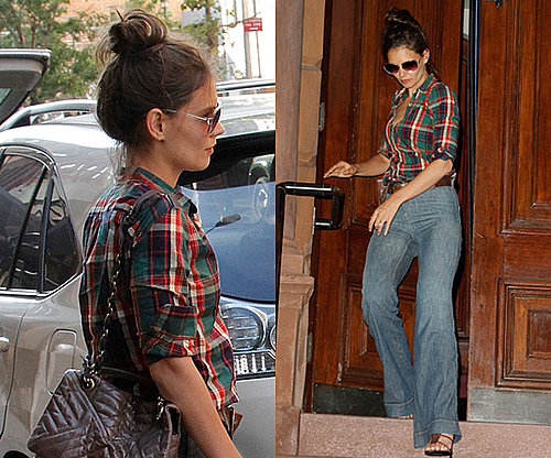Photos of Katie Holmes in New York in Blue Flare Jeans and Checked Shirt