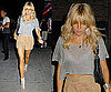 Sienna Miller Wearing Tan Suede Shorts, Gray Cropped Tee, and Buckle Wedges