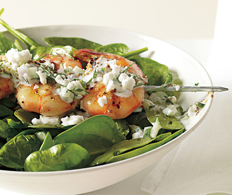 Recipe For Shrimp Skewers With Tzatziki, Spinach, and Feta Recipe For Shrimp Skewers With Tzatziki, Spinach, and Feta