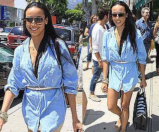 Selita Ebanks Shopping in a Blue Shirtdress