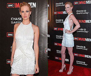 January Jones Wearing White Flapper Fringe Dress and Nude Pumps