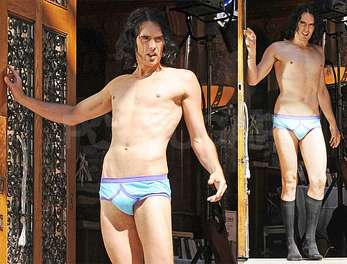 Pictures of Russell Brand in His Underwear Filming Arthur