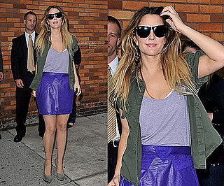 Drew Barrymore in NYC Wearing a Purple Leather Skirt