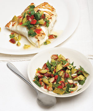 Fast & Easy Recipe for Striped Bass With Olive-Almond Relish Fast & Easy Recipe for Striped Bass With Olive-Almond Relish