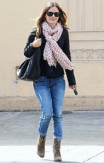 Pictures of Rachel Bilson in a Boyfriend Blazer, Jeans, and Spotted Scarf