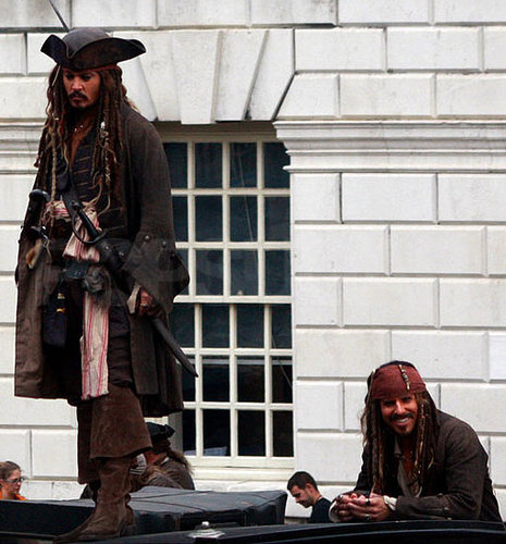 Pictures of Johnny Depp Doing A Stunt With His Double On Pirates of the Caribbean 4 Set in Greenwich
