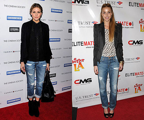 Distressed denim gets dressed up via heels and a blazer on Whit, and booties on Olivia.
Distressed denim gets dressed up via heels and a blazer on Whit, and booties on Olivia.