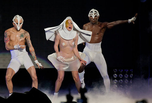 Gaga dances in a revealing nun costume.
Gaga dances in a revealing nun costume.