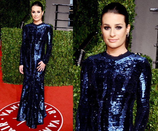 Lea Michele in sequinned Roberto Cavalli at The Vanity Fair Oscars Party 2011