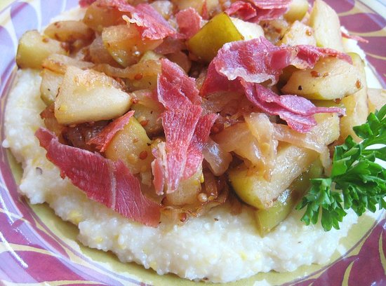 White Cheddar Polenta with Caramelized Onions, Apples, and Prosciutto
