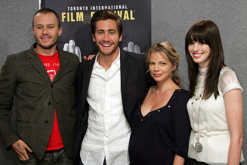 Brokeback Mountain cast members Heath Ledger, Jake Gyllenhaal, Michelle Williams, and Anne Hathaway dressed casual for the movie's 2005 press conference.
Brokeback Mountain cast members Heath Ledger, Jake Gyllenhaal, Michelle Williams, and Anne Hathaway dressed casual for the movie's 2005 press conference.