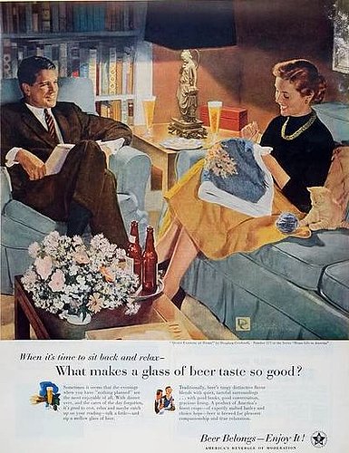 This 1950s ad for the entire beer industry makes a more subtle appeal to women. It shows a couple enjoying a regular night at home, with matching his and her beers and smiles.
This 1950s ad for the entire beer industry makes a more subtle appeal to women. It shows a couple enjoying a regular night at home, with matching his and her beers and smiles.