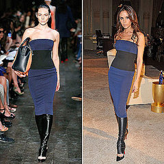 Victoria Beckham Wearing Leather Leggings and Spring '12 Dress