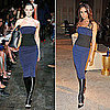 Victoria Beckham Wearing Leather Leggings and Spring '12 Dress