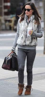 Pippa Middleton in Faux Fur Vest With Two-Tone Loewe Handbag