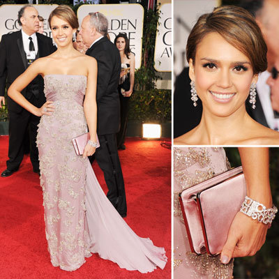 Jessica Alba Wears Blush Gucci Dress and Bulgari Jewellery at the 2012 Golden Globes
