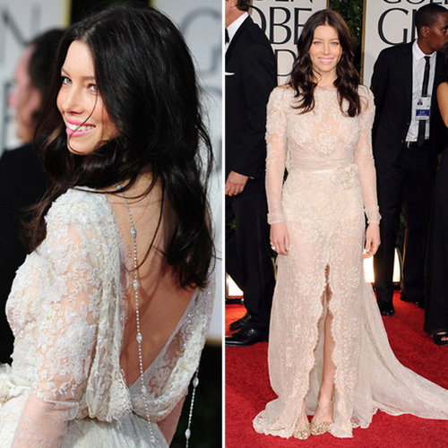 Jessica Biel Wears a Champagne Elie Saab Haute Couture Gown at the 2012 Golden Globes