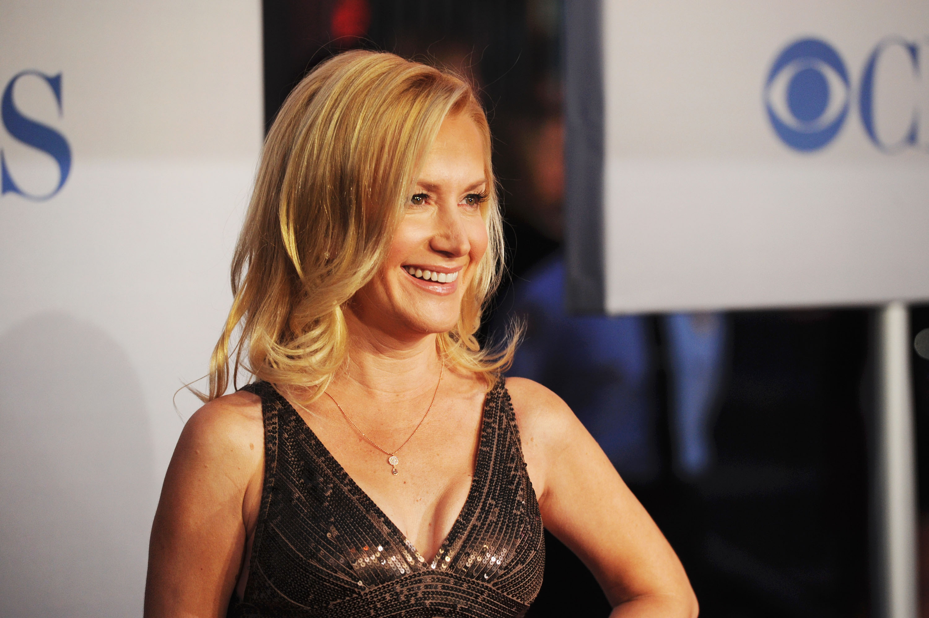 Angela Kinsey smiled in a metallic dress. Angela Kinsey smiled in a metallic dress.