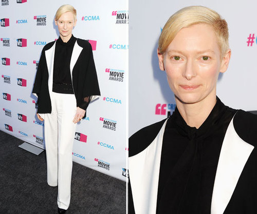 Pictures of Tilda Swinton in a Black and White Suit at the  2012 Critics' Choice Awards