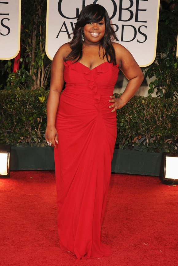 Amber Riley in Badgley Mischka Ruffles in Red Gown 