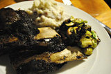 Dry Rubbed Ribs, Caramelized Brussel Sprouts and Garlic Goat Cheese Mashed Potatoes