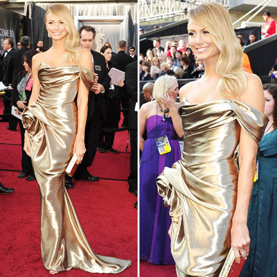 Stacy Keibler Goes For Gold at the 2012 Oscars in Strapless Gold Satin Marchesa Gown: Who Need George Clooney?