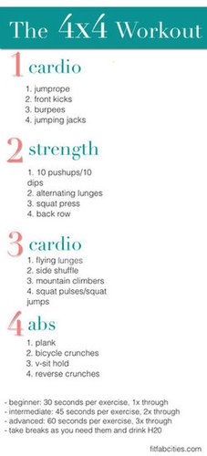 Printable Workout: The 4×4 Workout for Cardio, Strength and Abs