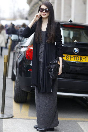 A gray maxi and a long-layered cardigan is relaxed-chic at its best.
A gray maxi and a long-layered cardigan is relaxed-chic at its best.