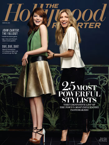 Emma Stone with stylist Petra Flannery in The Hollywood Reporter.
Emma Stone with stylist Petra Flannery in The Hollywood Reporter.