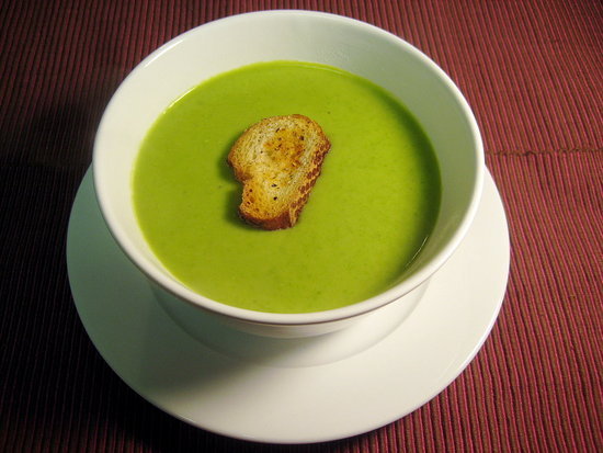 This soup gets its brilliant color from peas The recipe involves minimal 