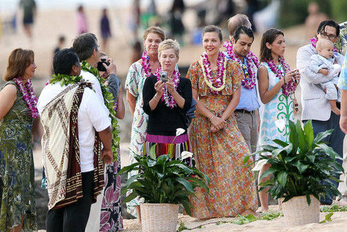 Maggie Gyllenhaal, along with her brother Jake Gyllenhaal, wore leis at their father's Hawaiian wedding party in July 2011.
Maggie Gyllenhaal, along with her brother Jake Gyllenhaal, wore leis at their father's Hawaiian wedding party in July 2011.