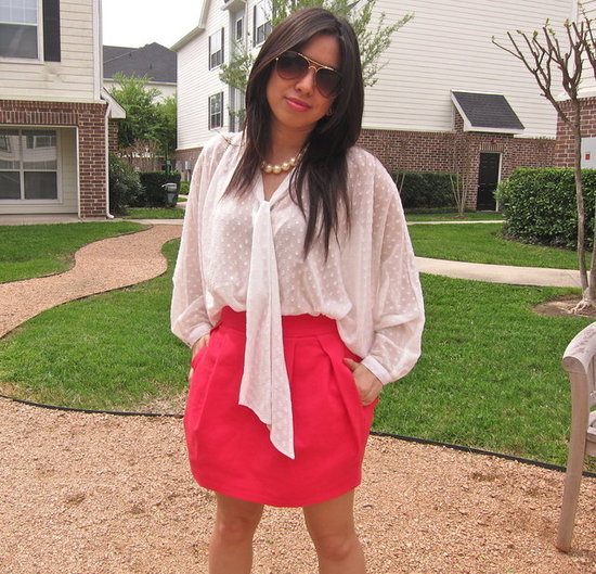 HM polka dot blouse and neon pink Zara skirt
